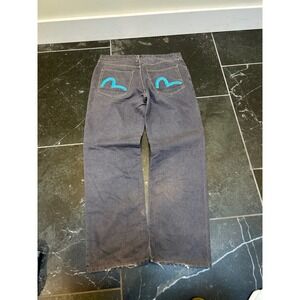 Evisu Daicock Jeans Faded Grey Turquoise Seagull Logo Straight Leg Mens 35x31.5